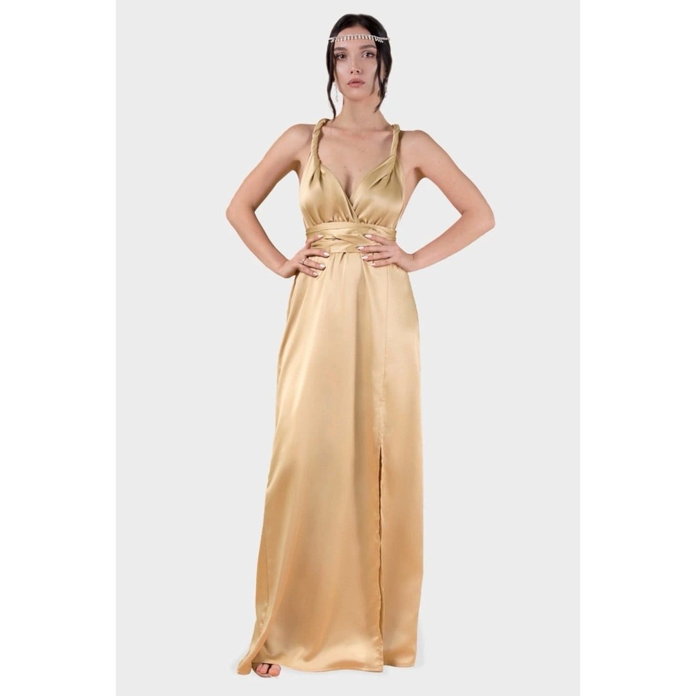 Identity Lingerie Gold Satin Bridesmaid Convertible Halter Maxi Dress XS/S NWT